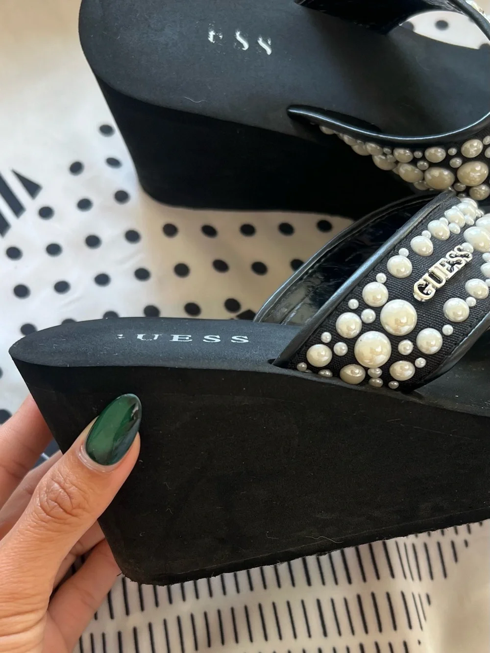 GUESS Black Pearl-Embellished Thong Wedge Sandals